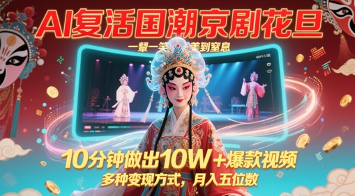 AI复活国潮京剧花旦，一颦一笑美到窒息，10分钟做出10W+爆款视频，多种变现方式，月入五位数|小鸡网赚博客