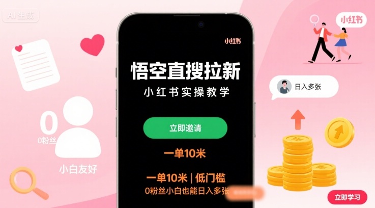悟空直搜拉新小红书实操教学，一单10米，低门槛，0粉丝小白也能日入多张|小鸡网赚博客