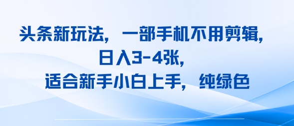 头条新玩法，一部手机不用剪辑，日入3-4张，适合新手小白上手，纯绿色|小鸡网赚博客