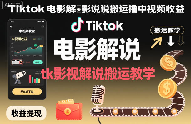 Tiktok电影解说搬运撸中视频收益，tk影视解说搬运教学|小鸡网赚博客