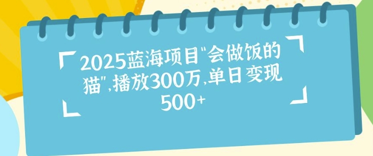 2025蓝海项目“会做饭的猫”，播放300万，单日变现多张|小鸡网赚博客