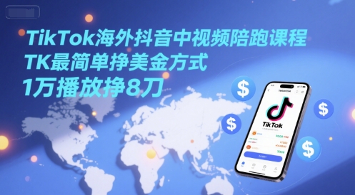 TikTok海外抖音中视频陪跑课程，TK最简单挣美金方式，1万播放挣8刀|小鸡网赚博客
