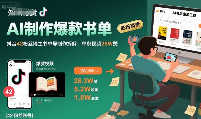 AI制作爆款书单，抖音42粉丝博主书单号制作拆解，单条视频28W赞|小鸡网赚博客