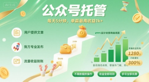 【公众号托管 】我提供文章，你发布，每天5分钟，单篇最高收益1k+【揭秘】|小鸡网赚博客